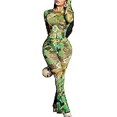 Ophestin Sexy Two Piece Club Outfits for Women Print Mesh See Through Long Sleeve Top Flared Bodycon Pants Set