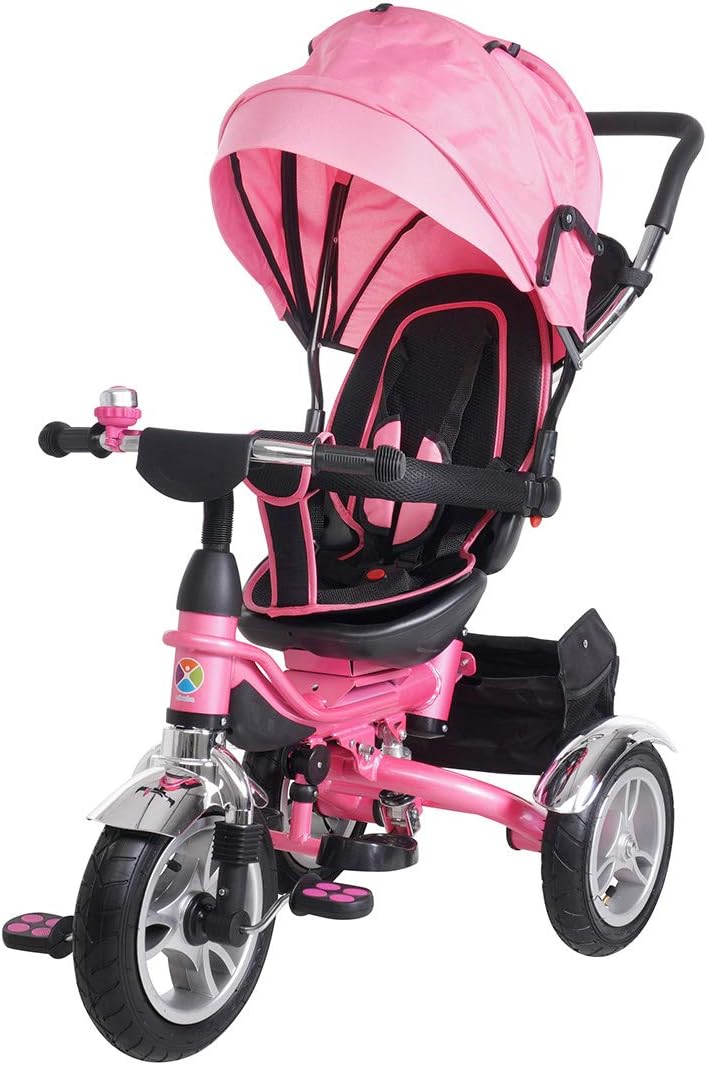 Miweba Kinderdreirad Schieber 7 in 1 Kinderwagen - 360° Drehbar - Faltbar - Luftreifen - Heckfederung - Laufrad - Dreirad - Schubstange - Ab 1 Jahr (KSF10 Faltbar Pink)