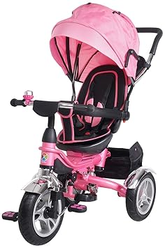 Miweba Kinderdreirad Schieber Kinderwagen - Platzsparend Faltbar - Sonnendach - Luftreifen - Einkaufstasche - Heckfederung (Pink)