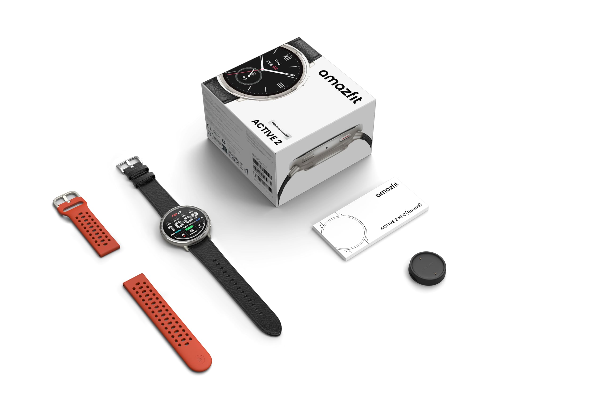 Amazfit Active 2 Premium Smart Watch Fitness Tracker (Redondo) para Android y iPhone, batería de 10 días, resistente al agua, mapas GPS, monitor cardíaco y de sueño, modo HYROX, cristal de zafiro, cuero + correa deportiva