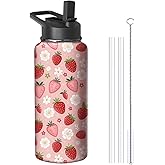 32oz Pink Strawberry Water Bottle with Handle and Flip Straw, Sports Stainless Steel Insulated Cup Travel Coffee Mug Tumbler, Birthday Mothers Day Chritmas Gifts for Women