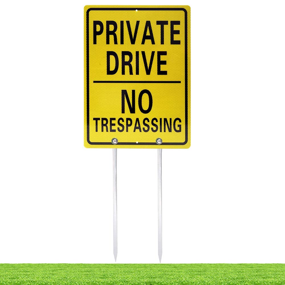 Kichwit Private Drive Sign With Stakes, 12 x 16 Inch / 29 Inch High, Private Driveway for Outdoor, Reflective Aluminum No Trespassing With Metal Stakes