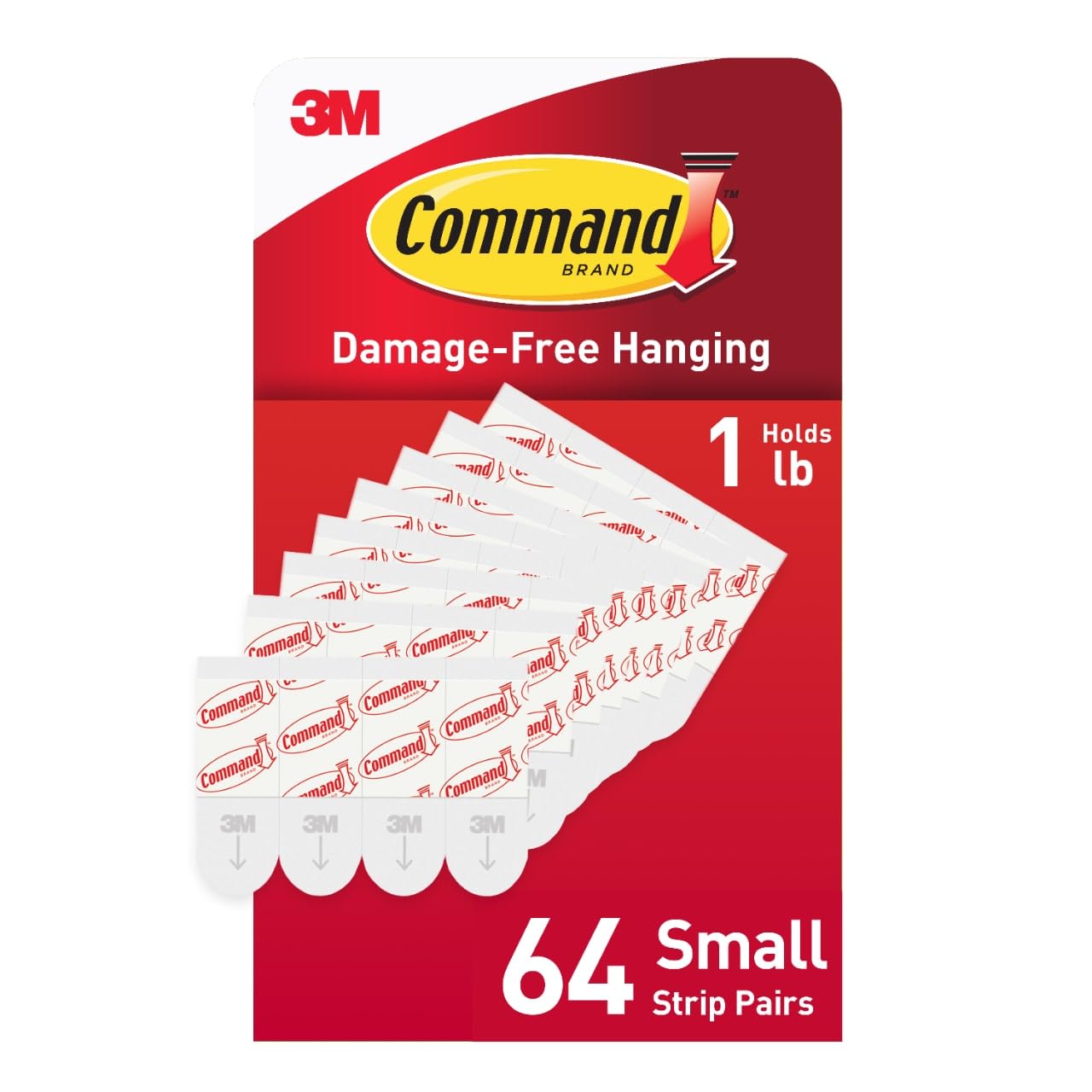 Command Small Refill Hanging Wall Hook Adhesive Strips, No Tools Removable - 64 White Strips