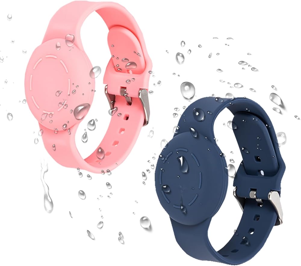 Dzpuhuojz 2 Pack Adjustable Silicone AirTag Bracelets Kids Pink Blue Waterproof