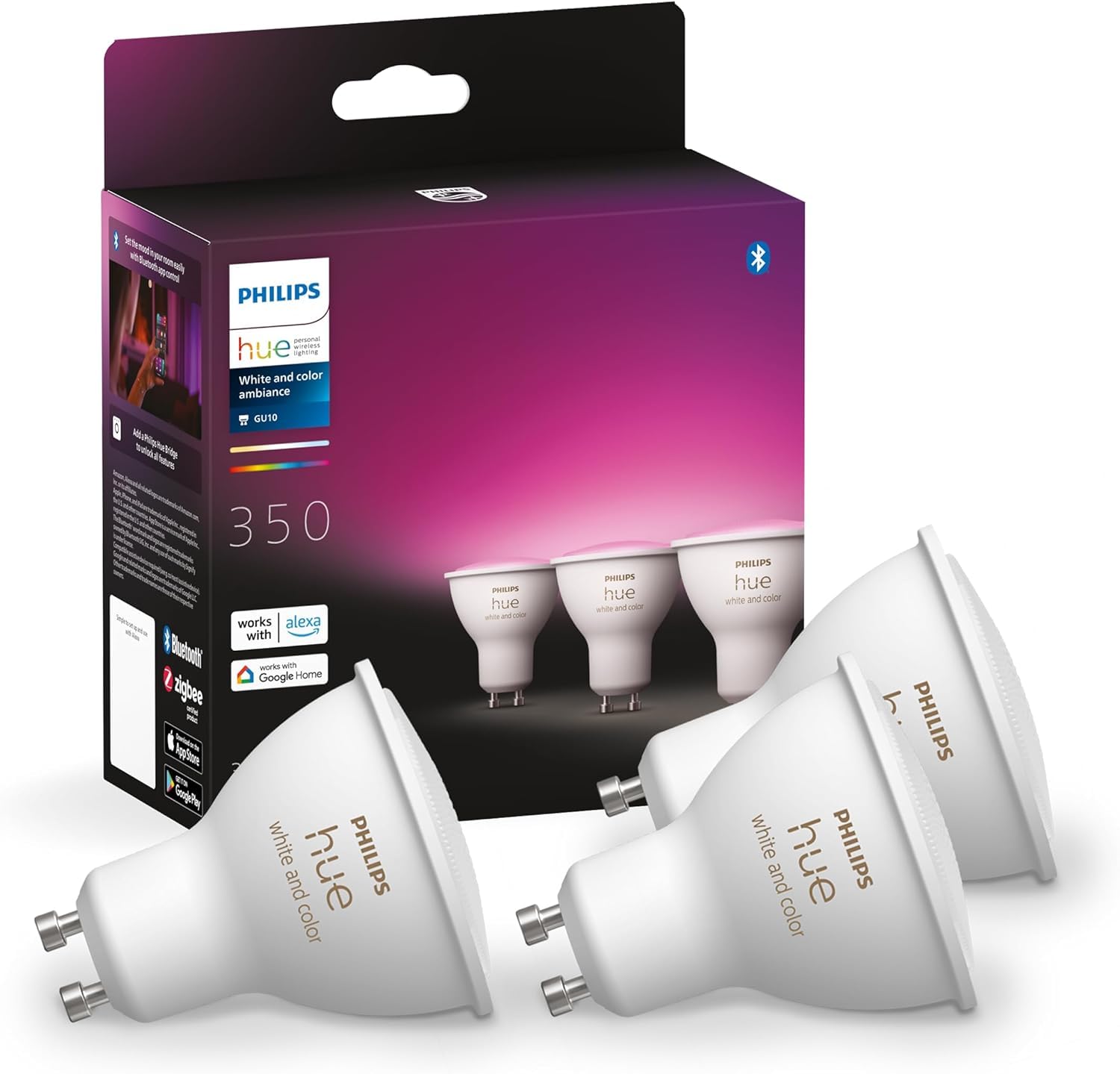 Philips Hue White & Colour Ambiance Smart Spotlight 3 Pack LED [GU10 Spotlight] - 350 Lumens (50W Equivalent). Works with Alexa, Google Assistant and Apple Homekit