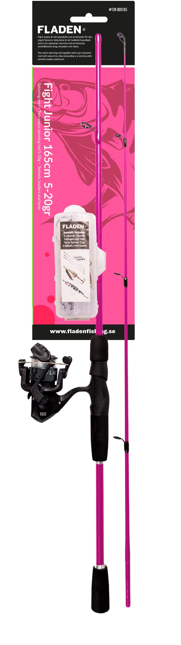 FLADEN Fishing - 2 Piece 1.65m Junior Fight Lure Rod and Reel Line Combo Starter Set 5-20g cw Tackle Box with Swivels Traces Spinner & Spoon Lure (Pink) [12K-005165P]