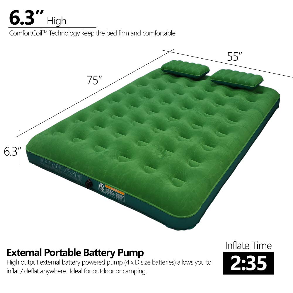 Simpli Comfy Inflatable Air Mattress Portable Air Bed and 2 Inflatable Pillows with Portable Battery Pump (Queen)