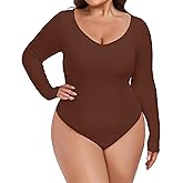 FOREYOND Plus Size Bodysuits for Women Long Sleeve V Neck Bodysuit Sexy One Piece Body Suit Tops