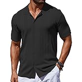 COOFANDY Men's Knit Shirt Short Sleeve Button Down Vintage Polo Shirts Casual Summer Beach Shirts