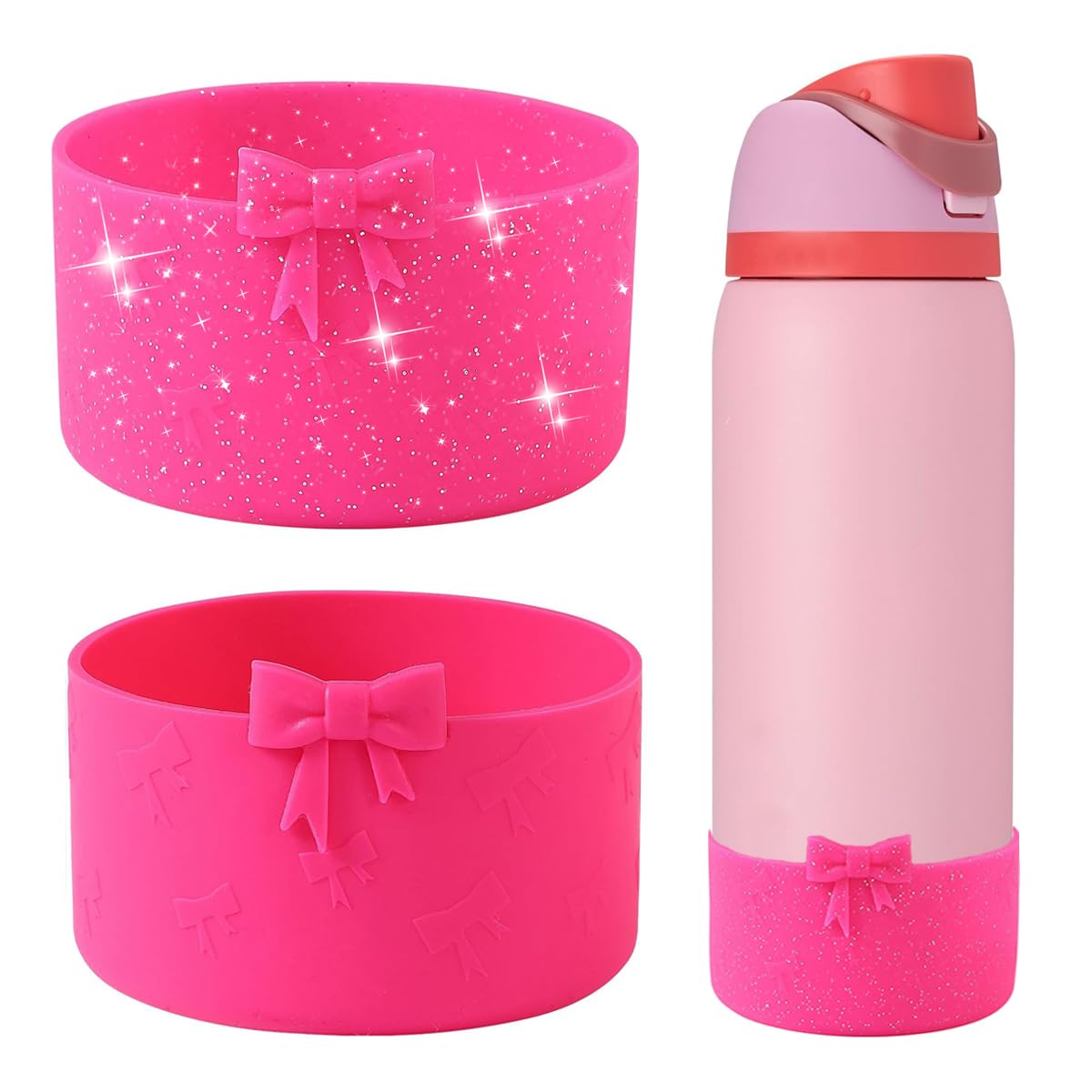 Photo 1 of 2PCS Bow Water Bottle Boot for Owala 24oz 32oz, Bling Silicone Protective Sleeve Bottom Bumper Protector for FreeSip, Twist, and Flip Stainless Steel Water Bottles (Rose, 32 oz)