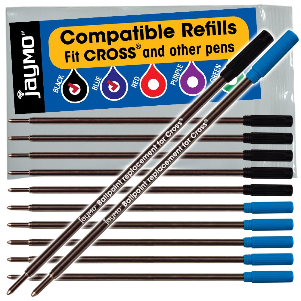 Jaymo Replacement for Cross 8513/8511 - Measures 4.563 in / 116 mm Long - Ballpoint Pen Refill - 6 Black + 6 Blue