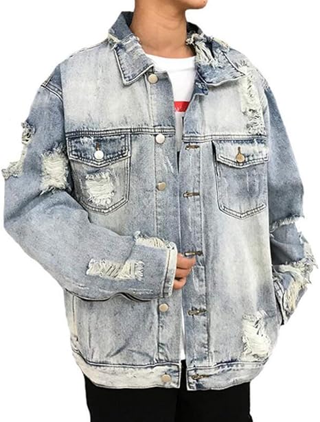 Amazon Huiertongja デニムジャケット メンズ ゆったり ダメージ加工 Bf風 Gジャン ジージャン アウター コート 長袖 綿 ボタンアップ カジュアル 学生 きれいめ お洒落 快適 ファッション 春秋 ブラック コート ジャケット 通販