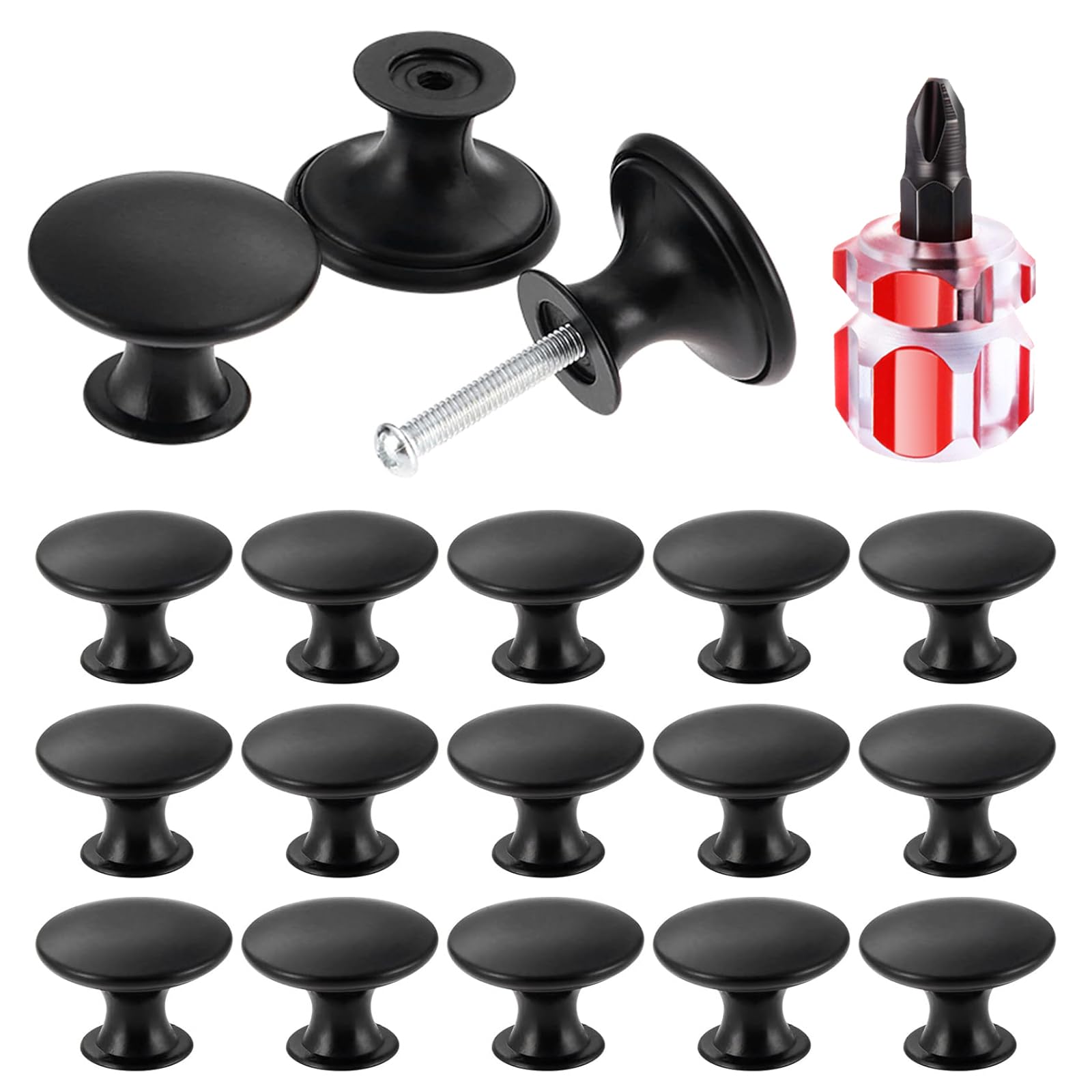Annswith 15 Pcs Round Cabinet Knobs with 30Pcs Screws - 30mm Single Hole Black Drawer & Door Knobs for Kitchen & Home Decor