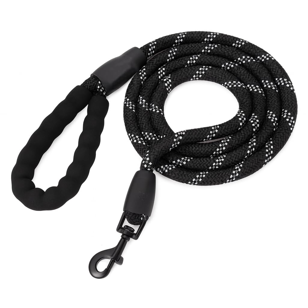 Murr Strong Dog Lead Rope Dog Leash 5ft Reflective Threads with Padded Handle Lead for Large Medium Small Dogs - 1.5m Black