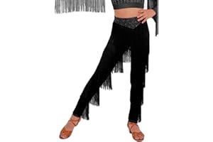 LiiYii Girls Professional Ballroom Bottoms Tassels Rumba Tango Salsa Performance Trousers Fringe Latin Dance Pants