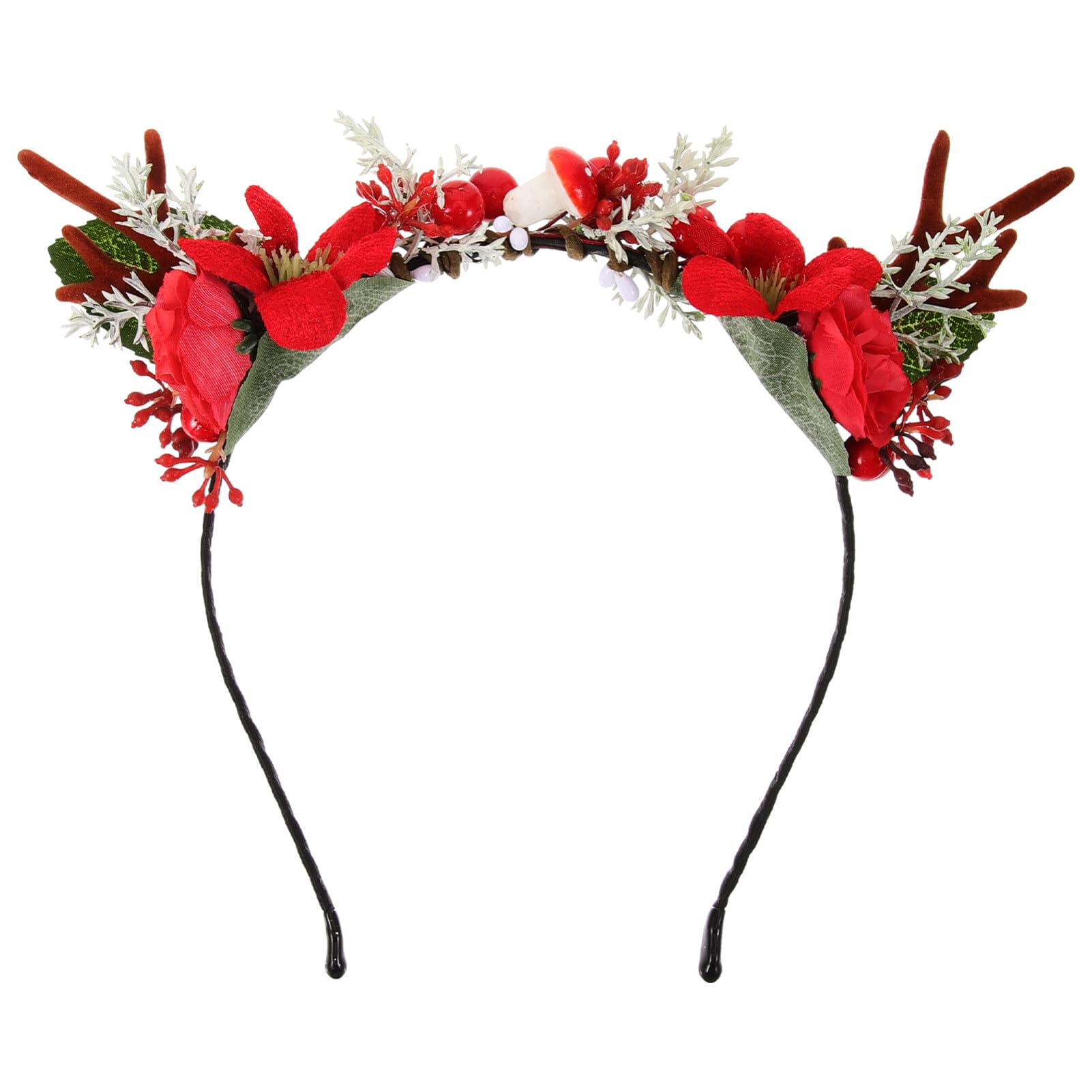 FRCOLOR Christmas Antler Headband with Flower,Red Berry Headband Christmas Hair Hoop Reindeer Hairband Antlers Headdress Xmas Party Headpiece for Women,Girls