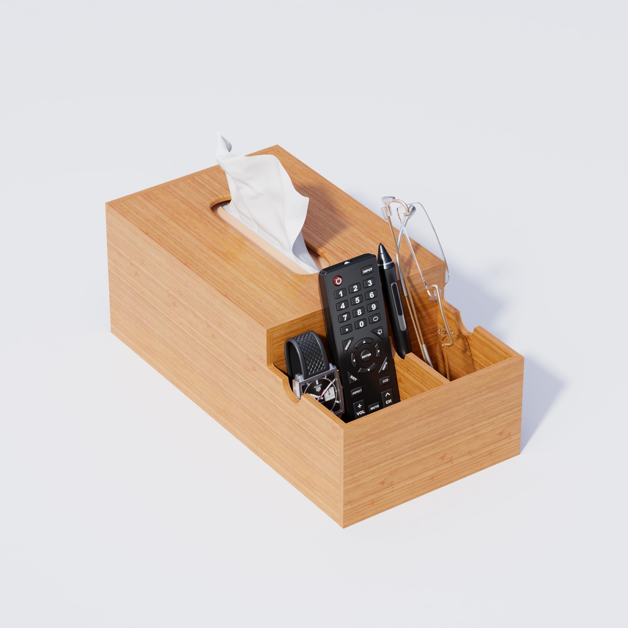 Photo 1 of Bamboo Tissue Box Holder, Tissue Box Cover Rectangular, Nightstand Organizer Desk Dresser Makeup Organizer Multifunction Tissue Storage Box for Women, End Table, Bathroom, Office