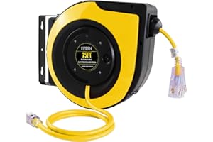 FSTSN 75ft Retractable Extension Cord Reel - 14 AWG/3C SJTOW Heavy Duty with 3 Lighted Outlets, 10A Breaker - Wall/Ceiling Mount for Indoor Outdoor Garage, Workshop Yellow.