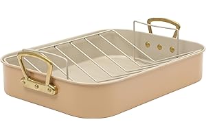 Gibson Home Broxton 2-Piece Nonstick Roaster Pan with Rack – 16 x 12 Inch Apricot Turkey Roasting Pan with Cast Aluminum Gold Handles – Oven-Safe, Easy-Clean, Holiday Cookware