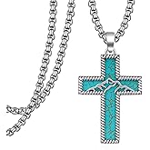 Naxidaze Genuine Turquoise Necklace 925 Sterling Silver Cross Pendant Necklace Vintage Western Cross Turquoise Jewelry for Men