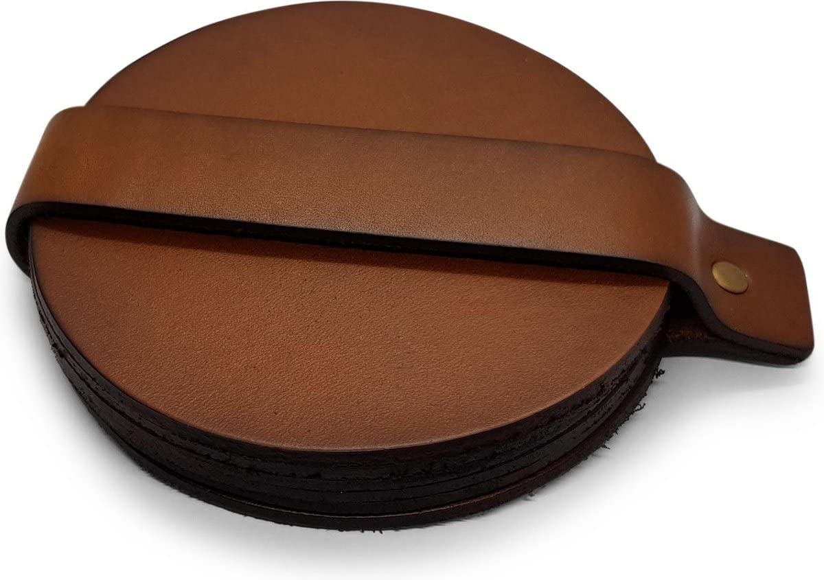 Brute Strength - Full grain leather coasters - Cognac - Round - 6 pcs - Round coaster for glass - Coasters for drinks - includes holder
