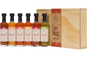 DONE LUCKY Hot Sauce Gift Set (6 Pack) - Hot Sauce Variety Pack in Premium Wooden Box - Great Gift for Birthday, Christmas, Father's Day for Men, Him, Her, Dad, Mom - Unique Hot Sauce Gift Set (Set of 6)