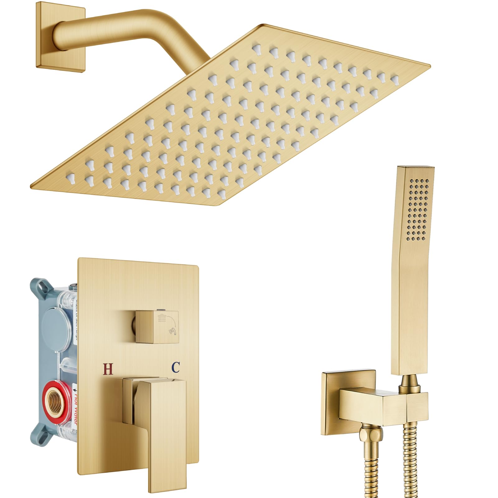 gotonovo Rainfall Bathroom Shower System Rain Shower Head and Handle Set Wall Mounted Shower Complete Combo Solid Brass Pressure Balancing Shower Mixer Valve 8 Inch Brushed Gold Image