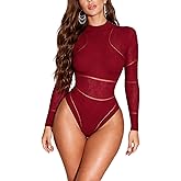 AVZXSA Women's Sexy Long Sleeve Lace Bodysuit, Mock Neck One Piece with Snap Crotch, Seamless Mesh Top Bodysuits