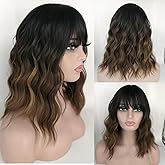 Sashowna Black Mixed Brown Wig with Bangs for Women Loose Wavy Bob Wigs Shoulder Length Colorful Hair Heat Resistant Synthetic Wigs for Daily Cosplay Party Use (Black Mixed Brown)