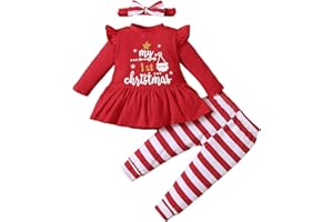 Noubeau My 1st Christmas Baby Girl Outfits Ruffle Santa Tree Print Tunic Drees Shirt Plaid Stripe Pants Fall Clothes
