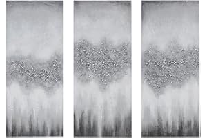 Madison Park Wall Art Living Room Décor - Embellished Hand Painted Canvas, Home Accent Glitter Abstract Bathroom Decoration Ready to Hang Painting for Bedroom, 15" W x 35" H x 1.5" D, Grey 3 Piece