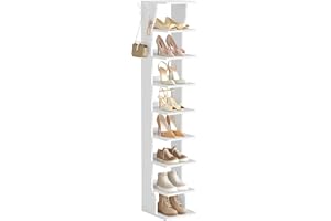 VASAGLE 9-Tier Vertical Shoe Rack, Narrow Shoe Storage Organizer with Hooks, Slim Corner Tower Shelf, Space-Saving for Entryw