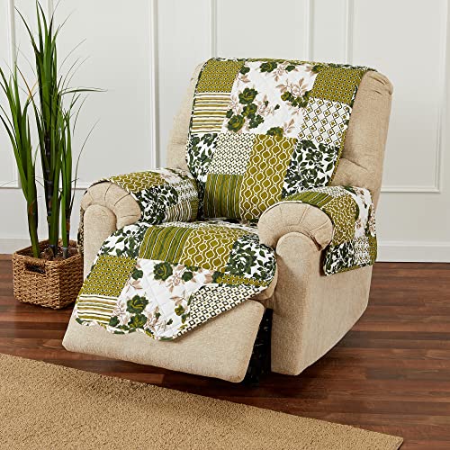 Great Bay Home Reversible Patchwork Recliner Chair Cover - Washable Slipcover Furniture Protector with Elastic Straps - Couch Cover for Dogs, Kids, and Pets - Box-Stitched Detail (Recliner, Olive)