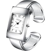 Silver Tone Rectangle Case Easy to Read Small Size Women's Bangle Cuff Watch
