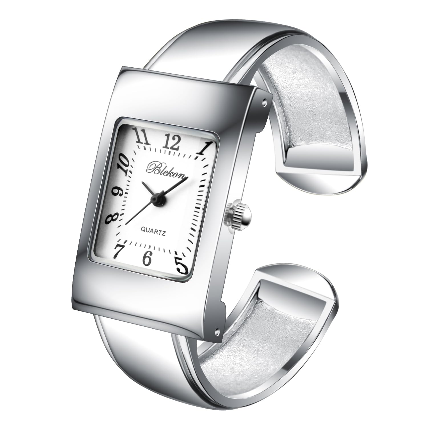Silver Tone Rectangle Case Easy to Read Small Size Women's Bangle Cuff Watch, Quartz Movement