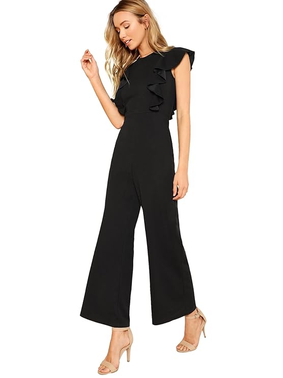 Romwe Women's Sexy Casual Sleeveless Ruffle Trim Wide Leg High Waist Long Jumpsuit Black L