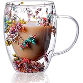 Myhiju Flower Double Wall Clear Glass Coffee Mugs Creative Clear Glass Cups with Handle Flowers Double Insulated Glass Cup for Hot Cold Beverages Cappuccino Latte, Espresso Juice Glass Coffee Cups