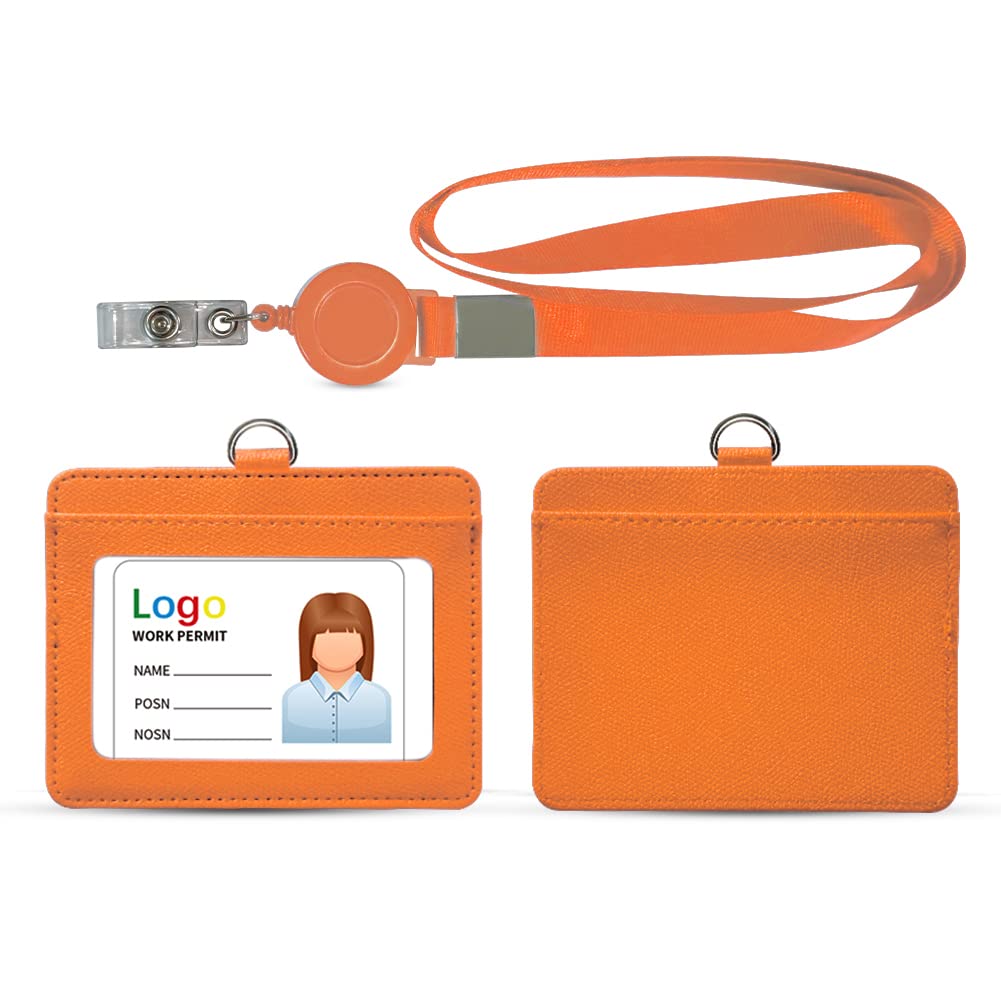 HYCOPROT ID Badge Holder 2-Sided Pu Leather With 1 Id Window and 1 Card Slot and 1 Piece 34.8 Inch Detachable Neck Lanyard id card holder For Office School Business Travel Student (Orange, Horizontal)