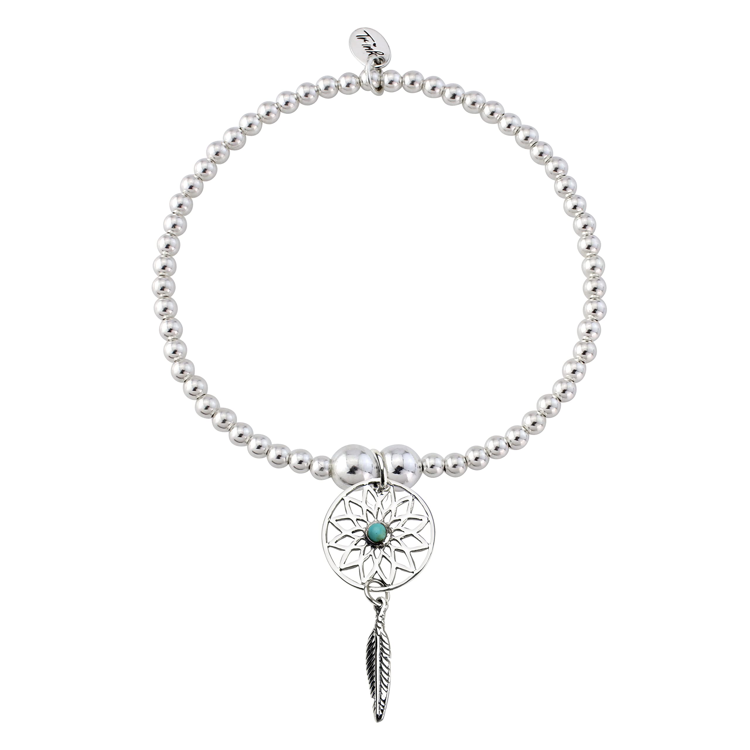 TRINK Brand Dreamcatcher Feather Sterling Silver Beaded Charm Bracelet