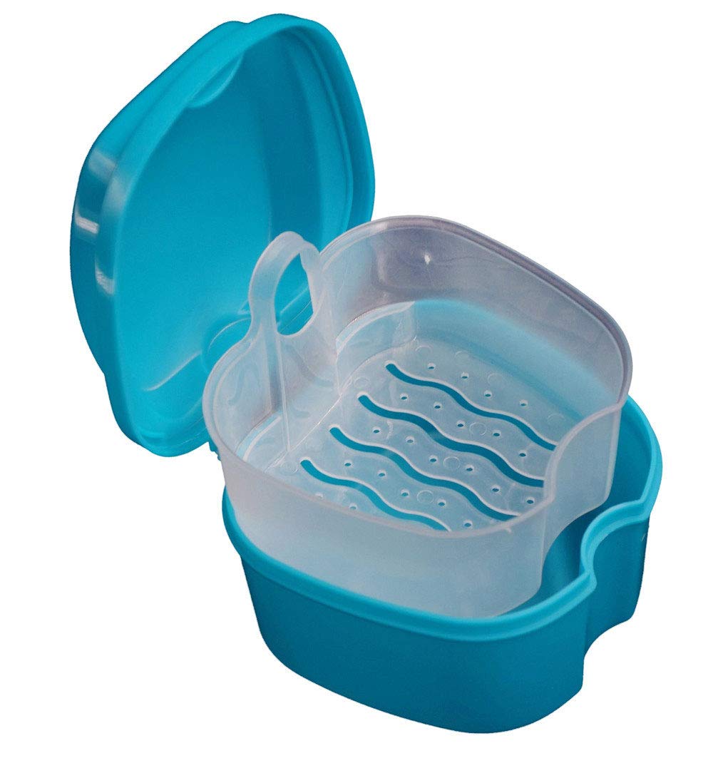 KISEER 2 Pack Colors Denture Bath Case Cup Box Holder Storage Soak Container with Strainer Basket for Travel Cleaning (Light Blue and Blue) : Beauty