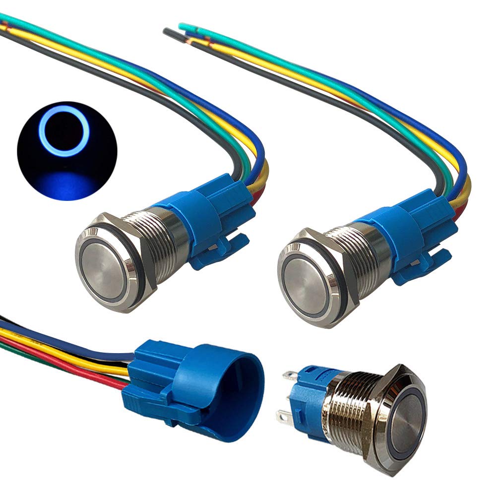 QitinDasen 3Pcs Premium 12V/24V 5A Momentary Push Button Switch, 19mm Car Ignition Starter Switch, Blue LED Light Stainless Steel IP67 Waterproof Switch with Socket Plug Wire