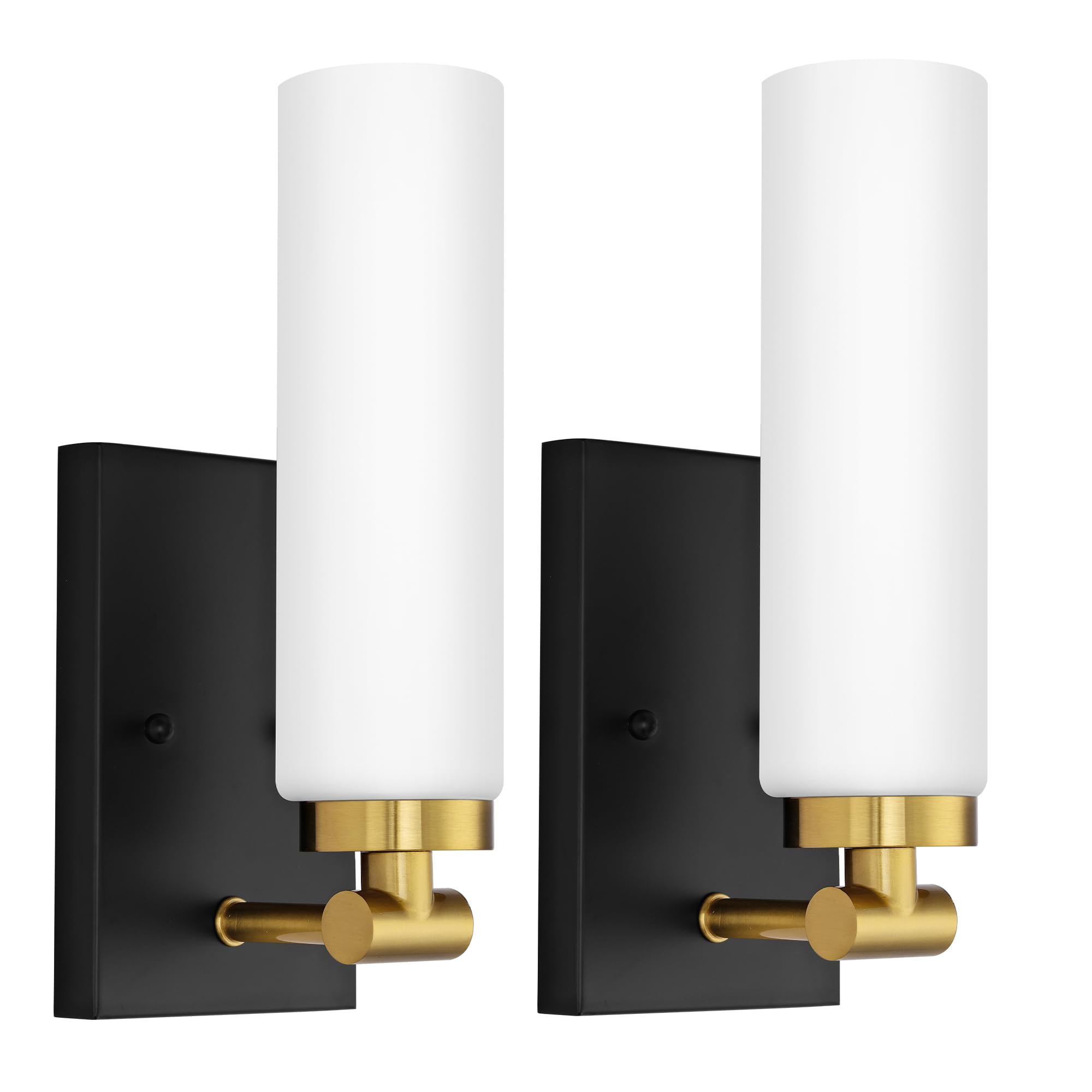 Photo 1 of Emak Bathroom Sconces Set of 2, Black and Gold Wall Sconce with Milk Glass Shade, Modern Farmhouse Bathroom Light Fixtures for Living Room, Bedroom, Gallery, WS086-BKBGD-ML-2PK