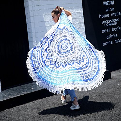 Popular Mandala Round beach cover, Summer Beach Must-have, Thin Cotton Lightweight Beach Towel, Round Yoga Mat, for light sun protection(blue)