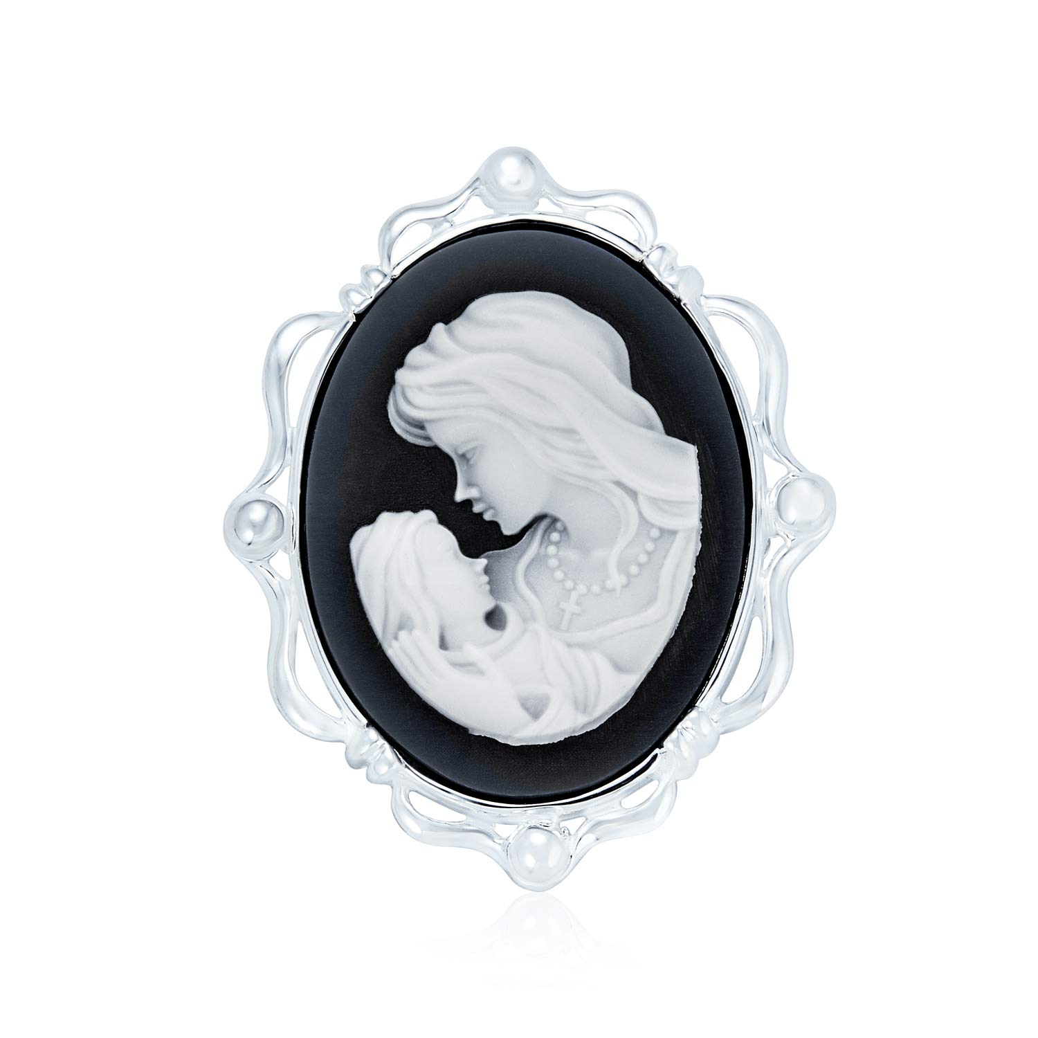Bling Jewelry Classic Antique Vintage Style Black White Carved Oval Framed Victorian Lady Portrait Mother and Child Cameo Pendant & Brooch Necklace For Women Mother .925 Sterling Silver