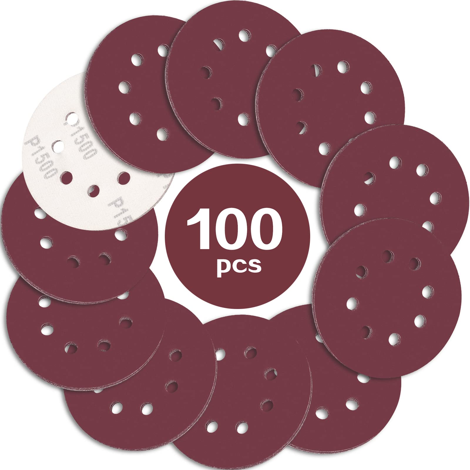 STEBRUAM 100PCS 125mm Sanding Discs 1500 Grit, 5 Inch 8 Hole Hook and Loop Sanding Pads for Random Orbital Sander — image 1