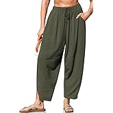 TARSE Women's Linen Harem Pants Casual Loose Fit Wide Leg Cropped Lightweight Drawstring Elastic Waist Pants with Pockets