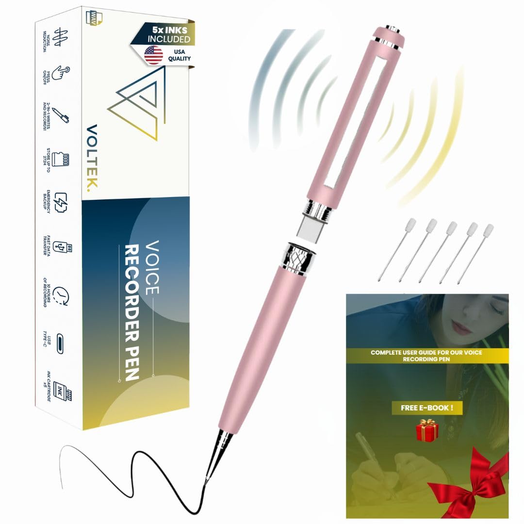 VOLTEK 64GB Micro Spy Audio Recorder Pen (PINK)- USB 3.0 Type C - Capture Voice with Voice Dictaphones Mini Recorder for Meetings Conferences Journalist - FREE E-Book Included