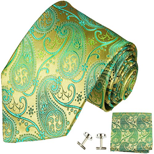 Paul Malone Necktie, Pocket Square and Cufflinks 100% Silk Gold Green Paisley