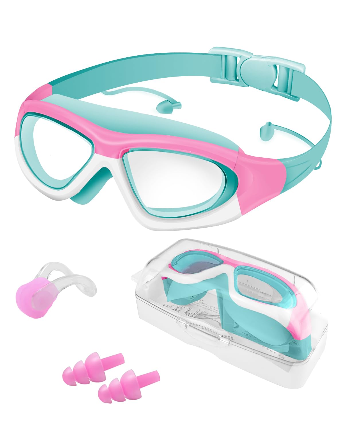 Victoper Kids Swimming Goggles 4-16 years, Upgraded Design Anti-Fog Anti-UV Wide Clear View Soft Silicone Adjustable Swimming Goggles with Ear&Nose Plug for Girls Lake Blue — image 1