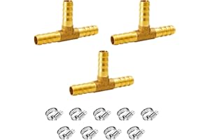 NICOLEKAY 3/8" Brass Barb Tee Fittings T-Shaped 3 Ways Union Hose Barb Pipe Fitting with 9pcs Stainless Steel Pipe Clamp for Water/Fuel/Air (Pack of 3)